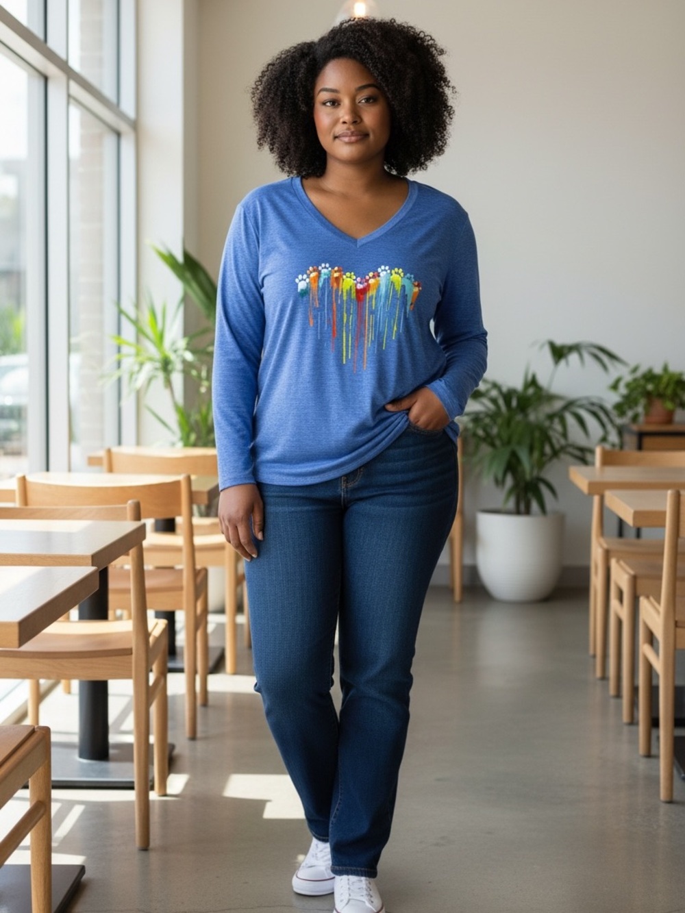 Blue V-Neck Long-Sleeve Tee with Multicolor Drip-Heart Graphic